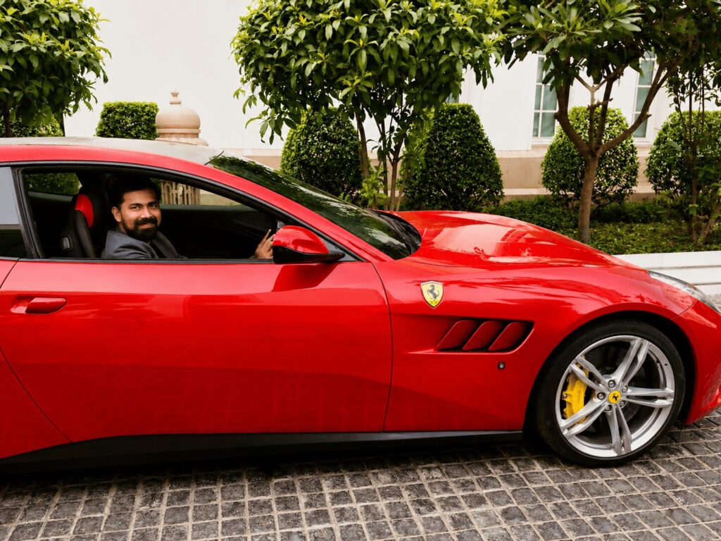 A lifestyle photograph of entrepreneur Vivek Surve with a Ferrari.